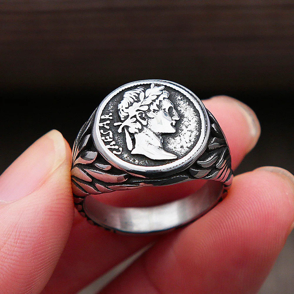 Vintage Roman Caesar Coin Signet Ring (316L)
