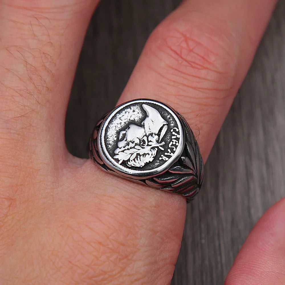Vintage Roman Caesar Coin Signet Ring (316L)