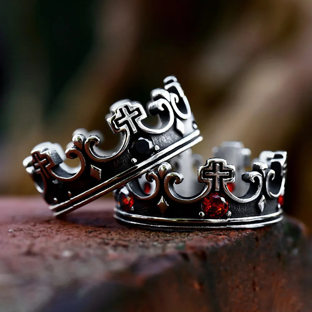 Cross Crown Ring Red Stone Accents (316L)