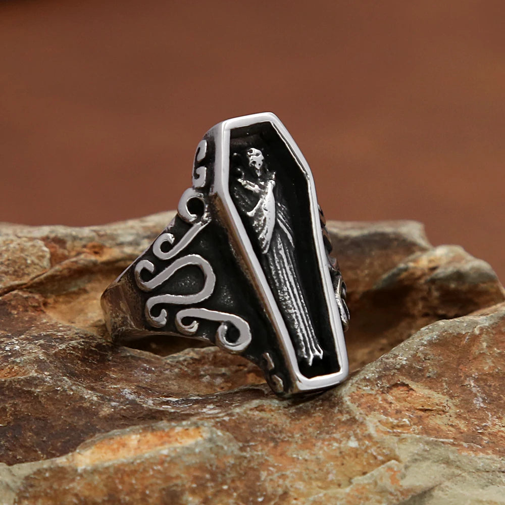 Men’s Gothic Coffin Ring – Stainless Steel Statement Jewelry