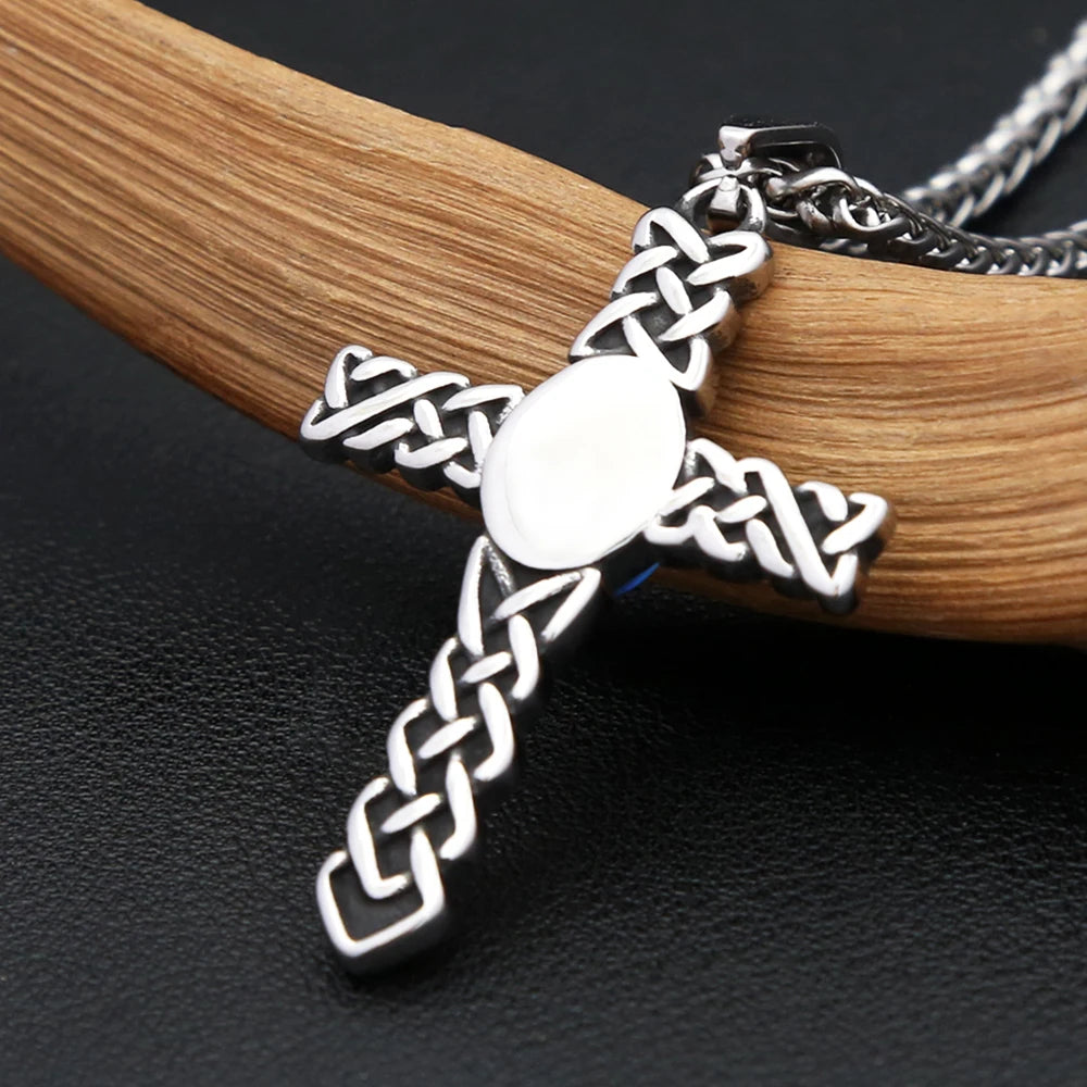 Knot Cross Pendant (316L) – Blue Stone