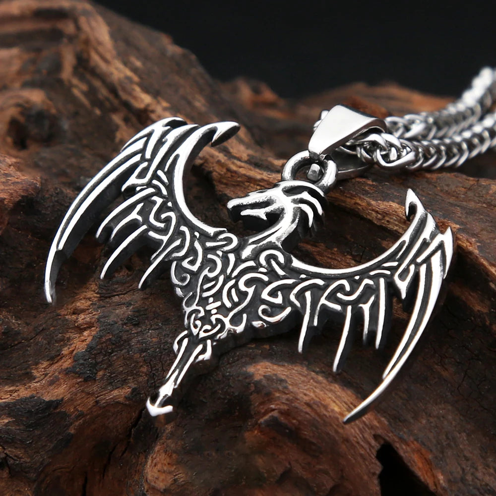 Vintage Viking Flying Dragon Pendant Necklace (316L)