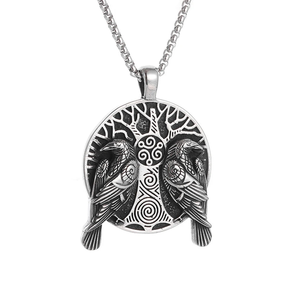 Viking Odin Double Ravens “Tree of Life” Pendant Necklace (316L)
