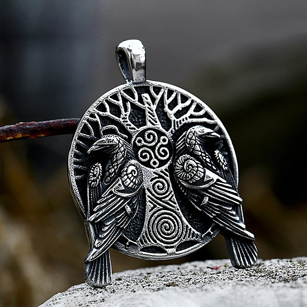 Viking Odin Double Ravens “Tree of Life” Pendant Necklace (316L)