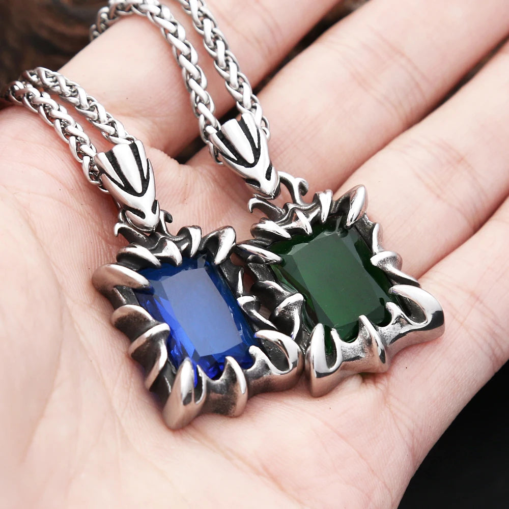 Vintage Square Gem Pendant Necklace Blue / Green (316L)