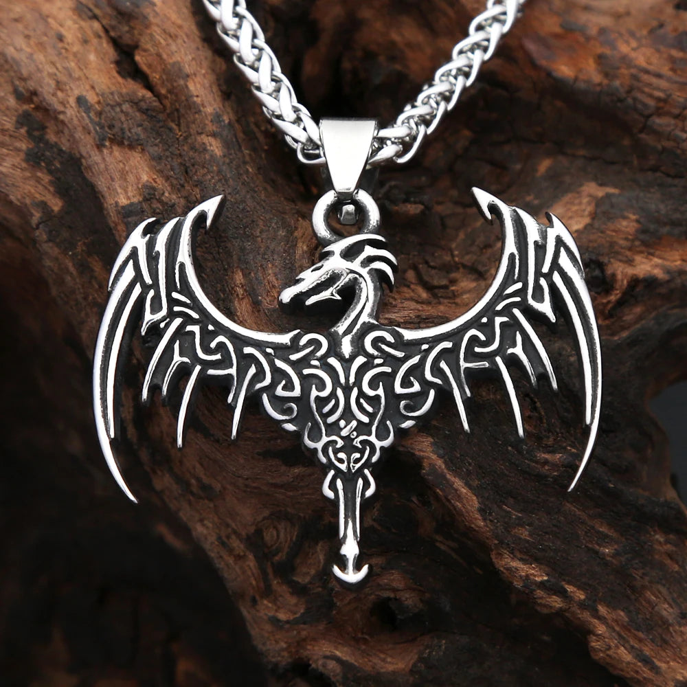 Vintage Viking Flying Dragon Pendant Necklace (316L)
