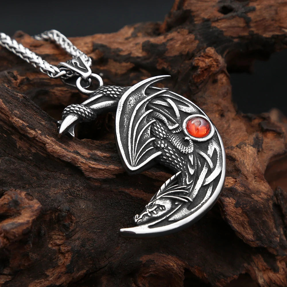 Dragon Crescent Pendant Necklace (316L)