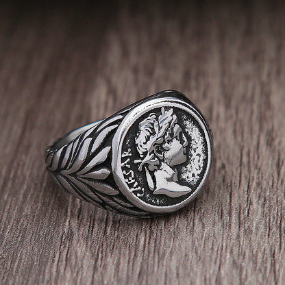 Vintage Roman Caesar Coin Signet Ring (316L)