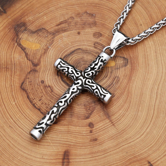 Engraved Cross Pendant Necklace (316L)
