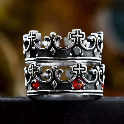 Cross Crown Ring Red Stone Accents (316L)