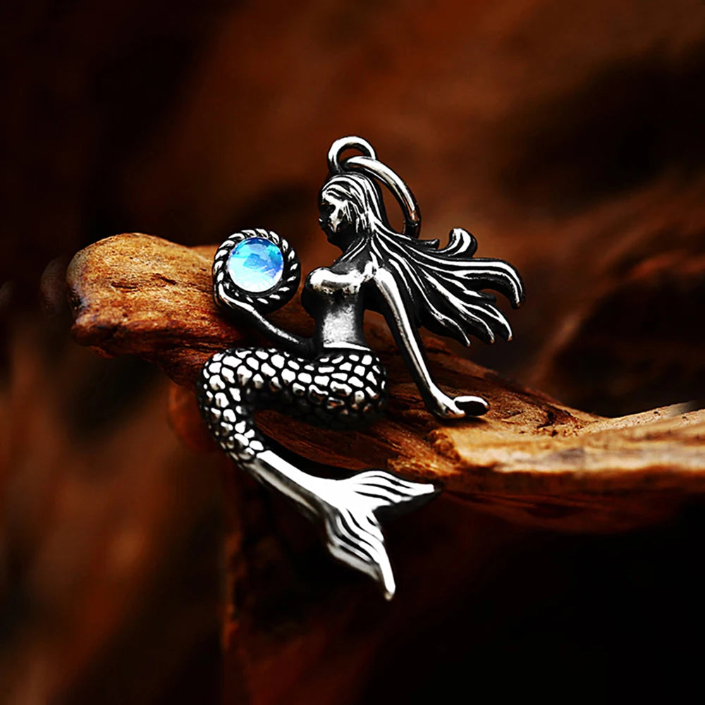 Mermaid Pendant Necklace with Blue Accent (316L)