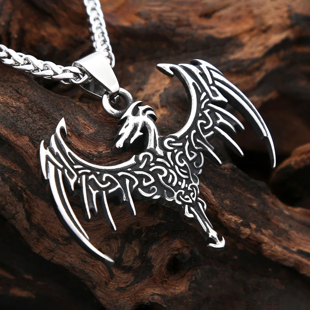 Vintage Viking Flying Dragon Pendant Necklace (316L)