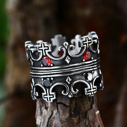 Cross Crown Ring Red Stone Accents (316L)