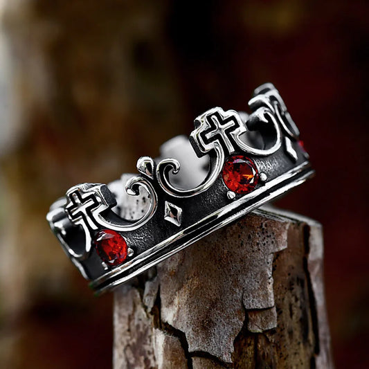 Cross Crown Ring Red Stone Accents (316L)