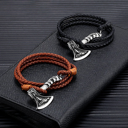 Men’s Viking Axe Bracelet – Leather & Stainless Steel