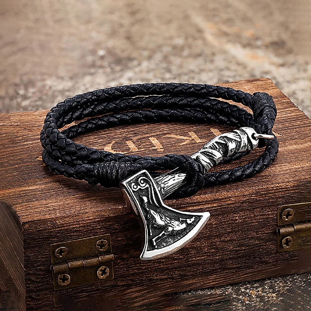 Men’s Viking Axe Bracelet – Leather & Stainless Steel
