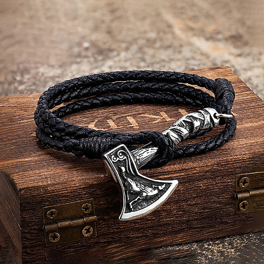 Men’s Viking Axe Bracelet – Leather & Stainless Steel