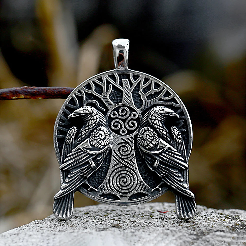 Viking Odin Double Ravens “Tree of Life” Pendant Necklace (316L)