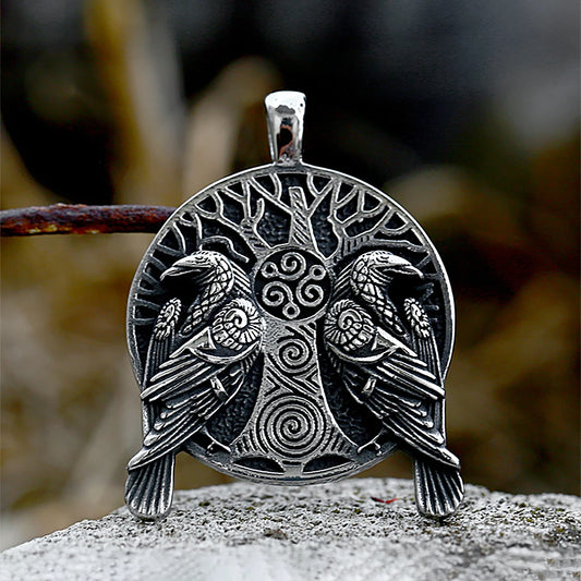 Viking Odin Double Ravens “Tree of Life” Pendant Necklace (316L)