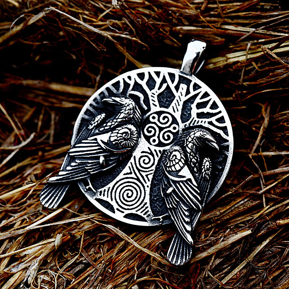 Viking Odin Double Ravens “Tree of Life” Pendant Necklace (316L)