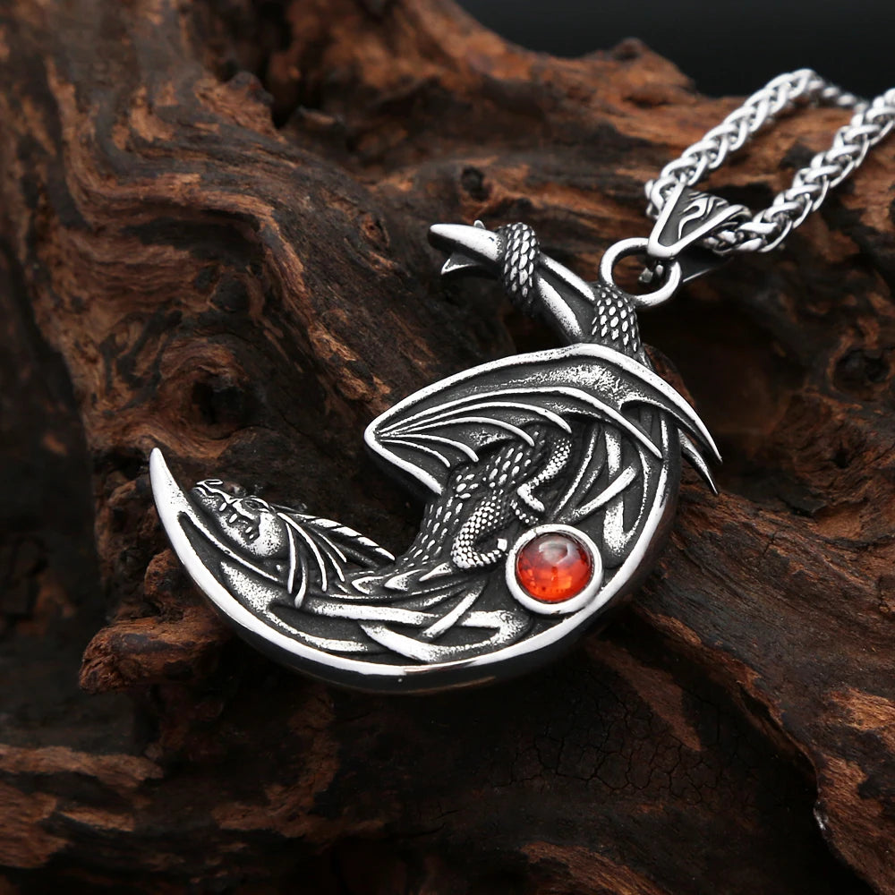 Dragon Crescent Pendant Necklace (316L)
