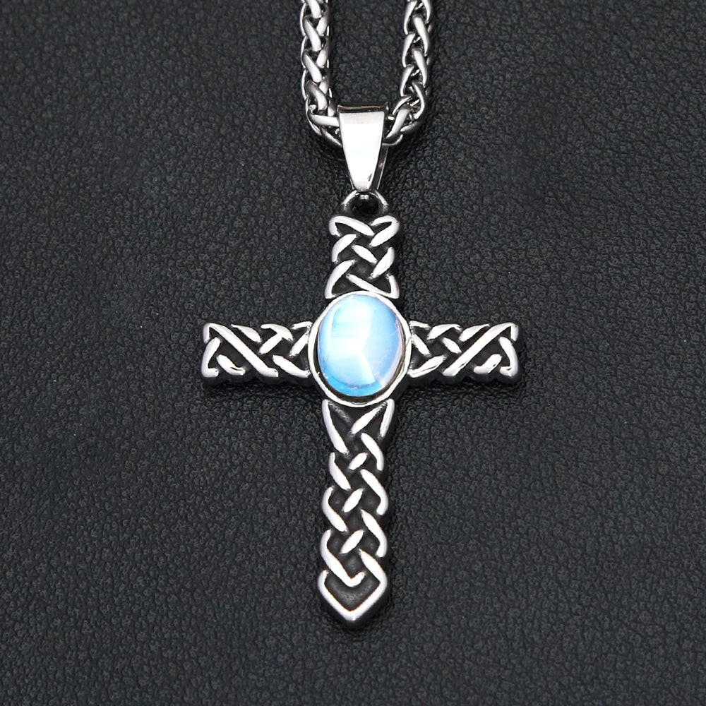 Knot Cross Pendant (316L) – Blue Stone