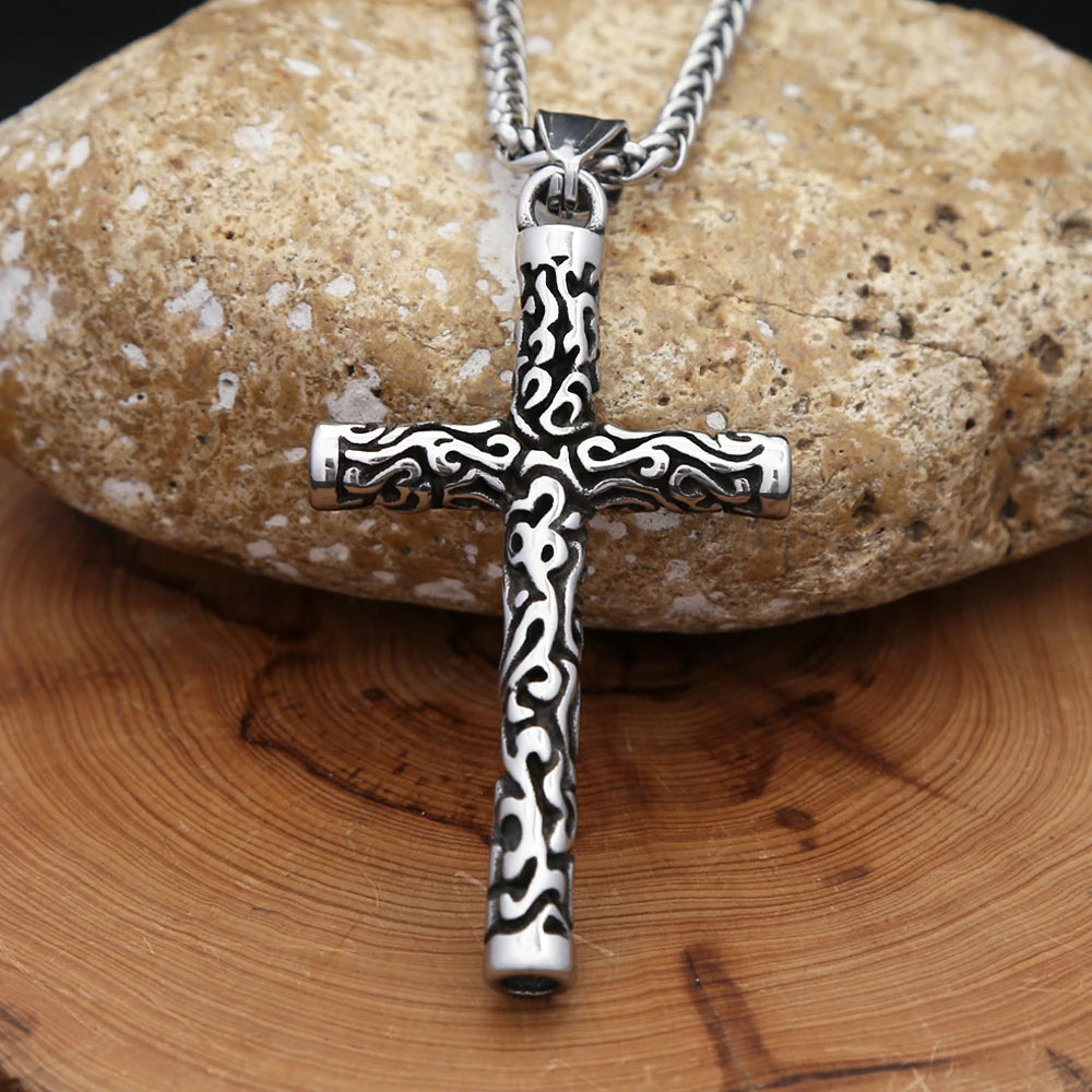 Engraved Cross Pendant Necklace (316L)