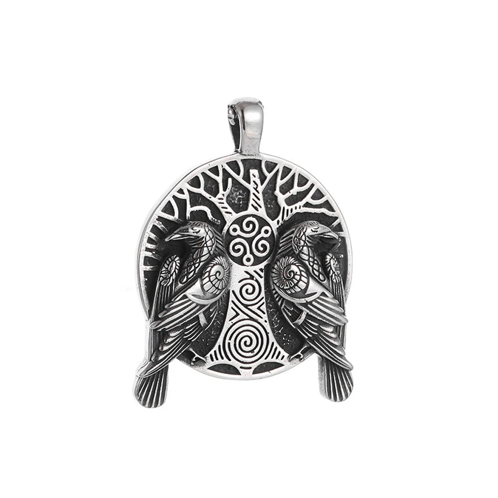 Viking Odin Double Ravens “Tree of Life” Pendant Necklace (316L)