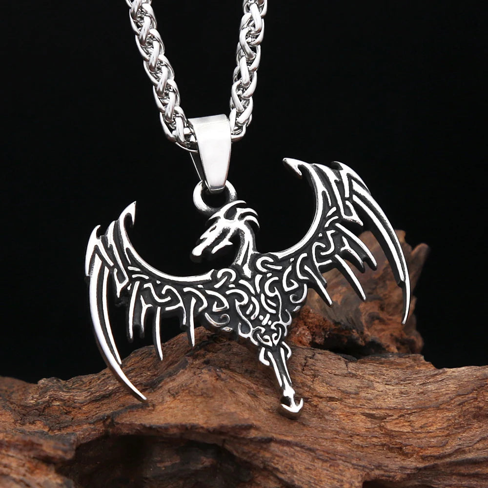 Vintage Viking Flying Dragon Pendant Necklace (316L)